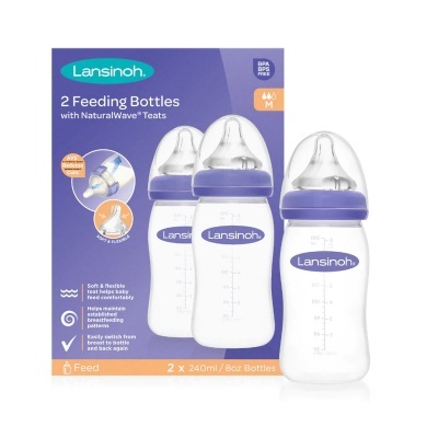 Conjunto de 2 biberões Lansinoh com tetina roxa e caixa azul