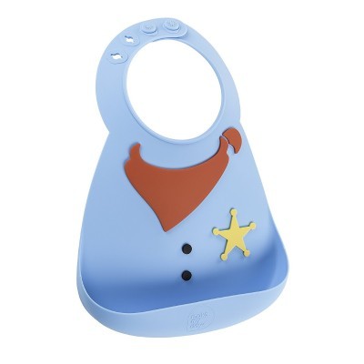 Babete de silicone azul claro com lenço castanho, estrelas e bolso recolhedor