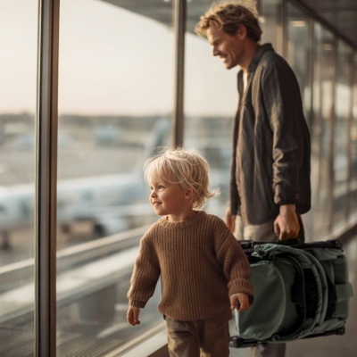 Criança e adulto num aeroporto junto a janela grande, adulto segura mala de viagem verde.