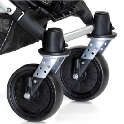 Rodas dianteiras de carrinho em plástico preto e metal prateado