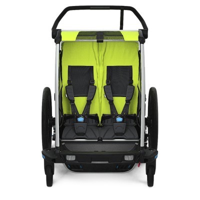 Carrinho de passeio duplo verde limão com cintos de segurança e estrutura metálica