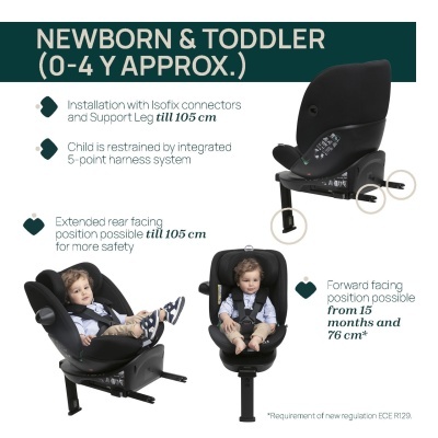Cadeira auto preta para crianças recém-nascidas e até 4 anos com instalação Isofix e arnês de 5 pontos