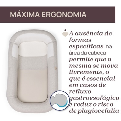 Colchão ergonómico para bebé cinza claro e bege com design sem formas específicas na cabeça