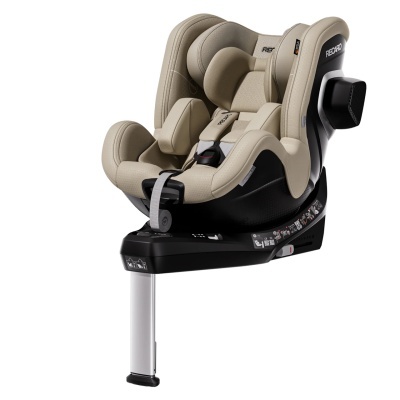 Cadeira de bebé Recaro bege para automóvel com estrutura preta e base ajustável.