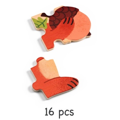 Duas peças de puzzle em madeira com ilustrações coloridas e texto 16 pcs