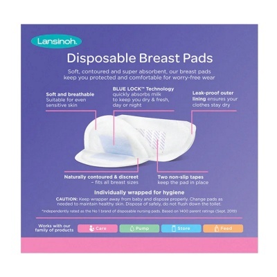 Pacote de Almofadas Descartáveis para Seios Lansinoh com fundo roxo e texto informativo