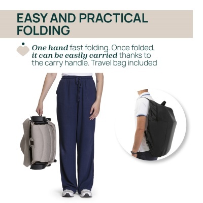 Pessoa a segurar cadeira dobrável bege com alça e homem com mochila preta.