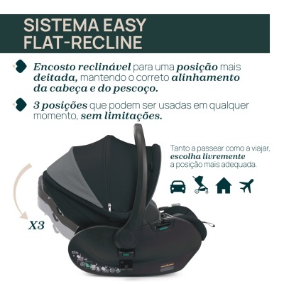 Assento para criança reclinável preto e cinza com texto explicativo em português
