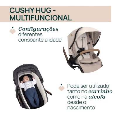 Carrinhos de bebé multifuncionais em beige e preto, com bebê num deles, texto explicativo em português