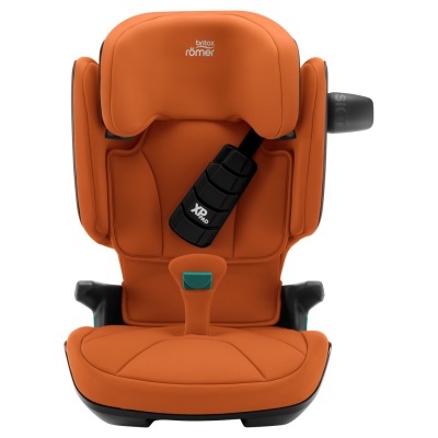 Cadeira auto Britax Römer laranja com cinto preto e botão verde