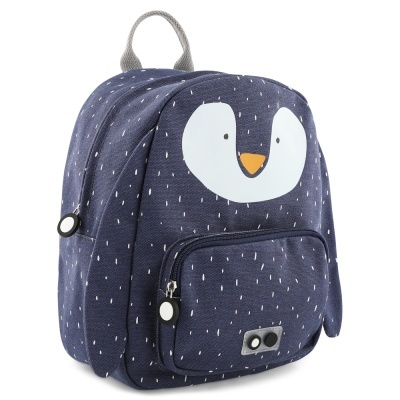 Mochila infantil azul com estampa de pinguim e padrão de gotas brancas