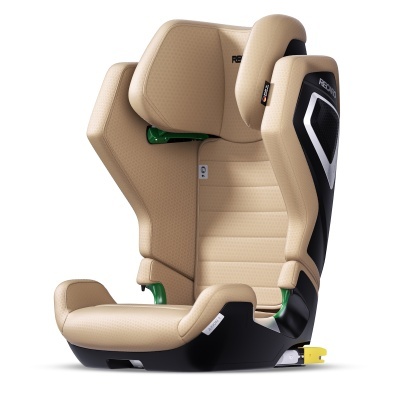 Cadeira auto infantil bege com detalhes pretos e verdes