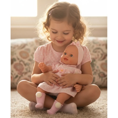 Menina pequena segurando uma boneca com vestido rosa e meias rosas sentada no chão