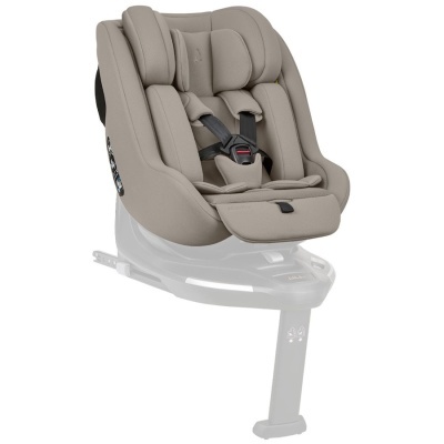 Cadeira auto para criança cinza bege com cintos de segurança pretos e base branca