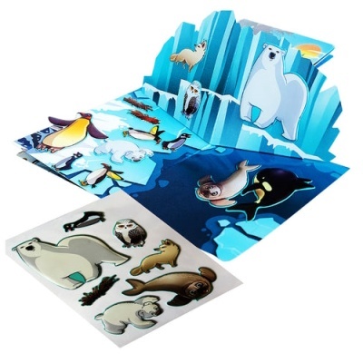 Livro pop-up infantil com animais polares e autocolantes