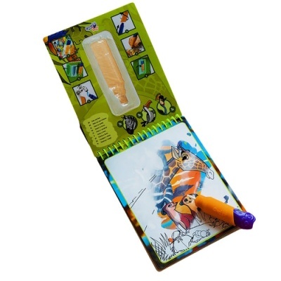 Livro de atividade para pintar com água com recipiente laranja e pena azul