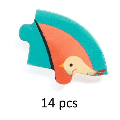 Peça de puzzle colorida com desenho de pássaro vermelho e fundo azul turquesa.