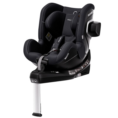 Cadeira auto infantil preta com base branca e proteção lateral