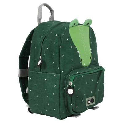 Mochila infantil verde escura com desenho de crocodilo