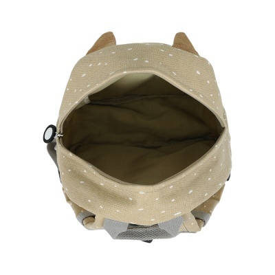 Mochila infantil bege com orelhas e interior castanho aberta