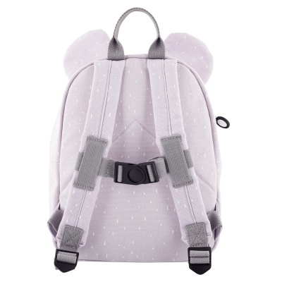 Mochila infantil lilás com alças cinzentas e orelhas de urso