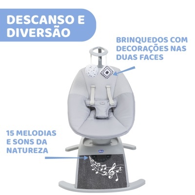 Cadeirinha cinzenta para bebé com brinquedos, alças de segurança e controlo de som musical