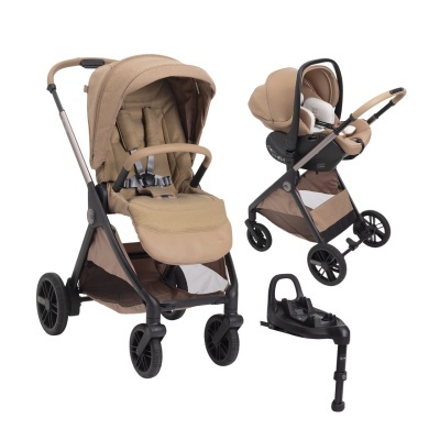 Conjunto de carrinho e assento de bebé bege e preto sobre fundo branco