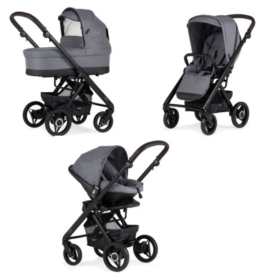 Três carrinhos de bebé cinzentos e pretos com diferentes configurações