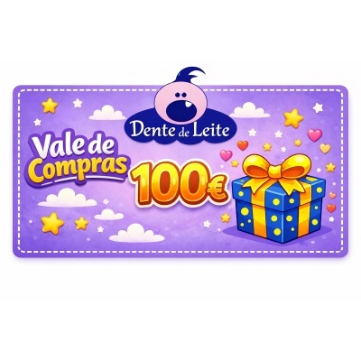 Vale de compras Dente de Leite 100€ com fundo lilás e caixa de presente