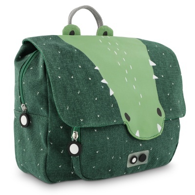 Mochila infantil verde com desenho de cabeça de crocodilo