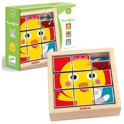 Quebra-cabeças de madeira Djeco com imagem de pintainho amarelo e caixa verde.