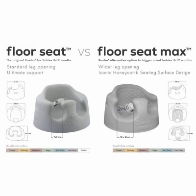 Comparação entre cadeiras infantis floor seat e floor seat max em várias cores e medidas.