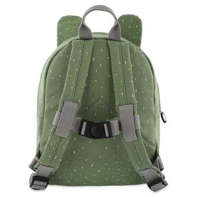 Mochila verde com padrão branco vista de trás