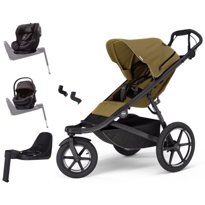 Carrinho de bebé com assento verde-oliva e três rodas grandes com dois assentos para bebé e acessórios de fixação.