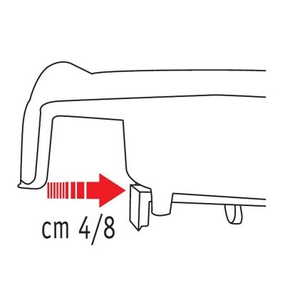 Desenho técnico em preto e branco com seta vermelha e texto cm 4/8