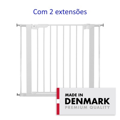 Portão de segurança metálico branco com duas extensões e texto informativo