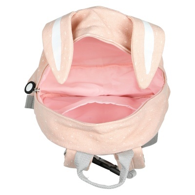 Mochila infantil rosa com orelhas de coelho e interior cor de rosa aberta