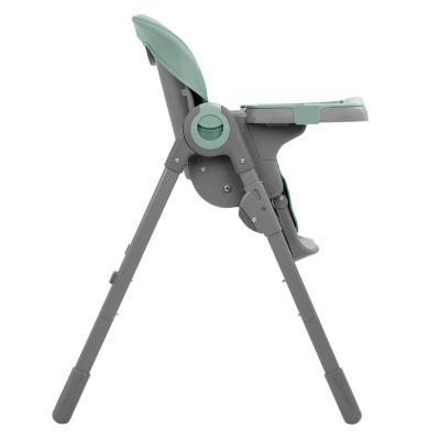 Cadeira infantil alta verde e cinzenta vista de perfil