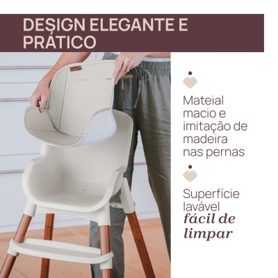 Cadeira alta para bebé bege com pernas de imitação de madeira