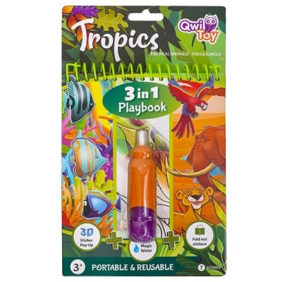 Livro de atividades Tropics com caneta mágica laranja e roxa e ilustrações de animais tropicais