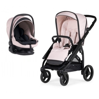 Carrinho de bebé com porta-bebé, estrutura preta e tecido rosa claro