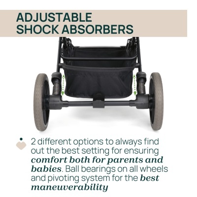 Parte traseira de carrinho de bebé preto com absorventes de choque ajustáveis e rodas cinza