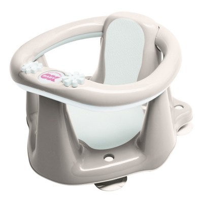 Assento de banho para bebé cinzento e branco com ventosas e botões floridos