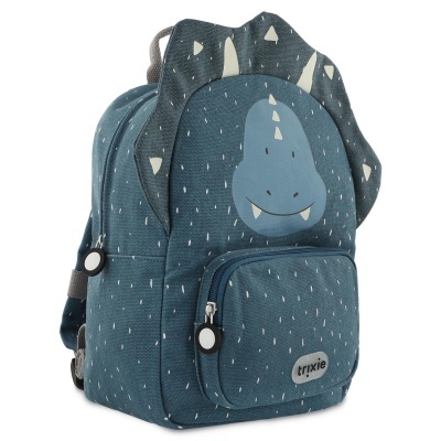 Mochila infantil azul com desenho de dinossauro e bolso frontal