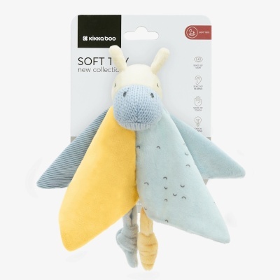 Pelúcia de animal em tecidos azuis e amarelo com textura suave e malha