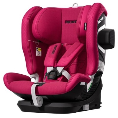 Cadeira auto infantil rosa fúcsia com base preta e cintos de segurança
