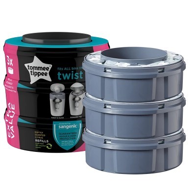 Recargas cinzentas para contentor de fraldas Tommee Tippee Twist com embalagem preta e rosa