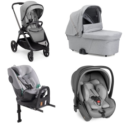 Carrinho, alcofa, cadeira auto e cadeirinha auto cinzentos para bebé