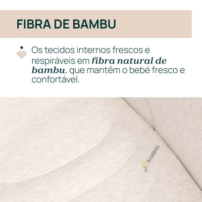 Tecido bege claro com texto sobre fibra de bambu e descrição em português