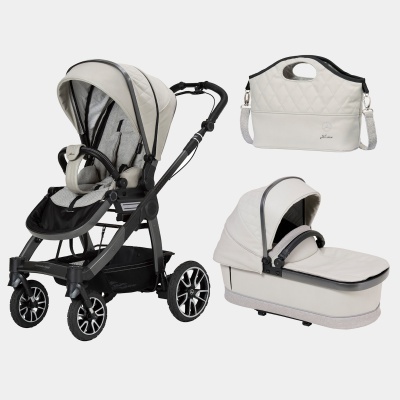 Conjunto trio de bebé cinzento claro e preto com carrinho, moisés e bolsa Mercedes-Benz